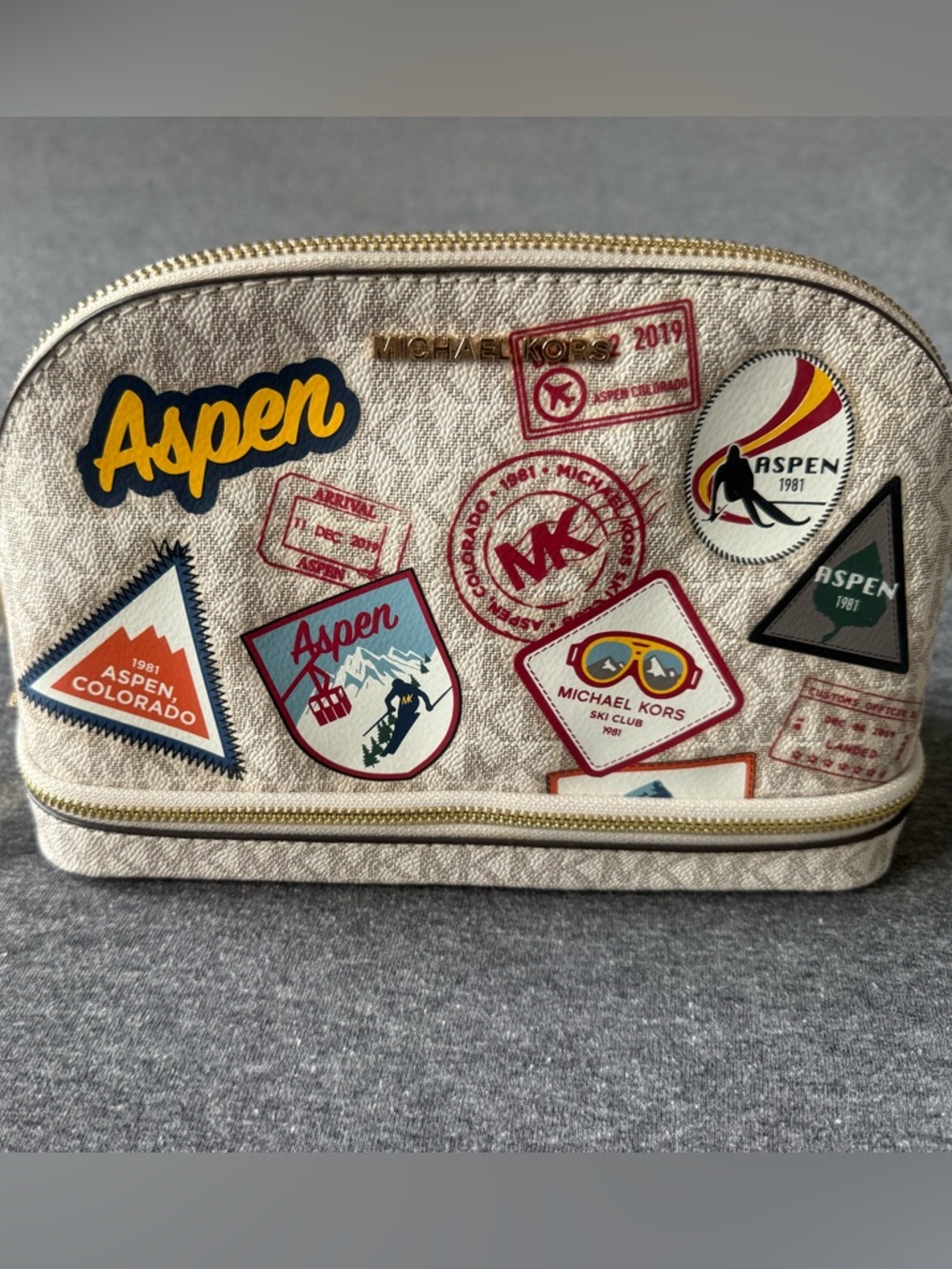 Michael Kors Beige Patchwork Aspen Cosmetic Pouch with Gold Hardware